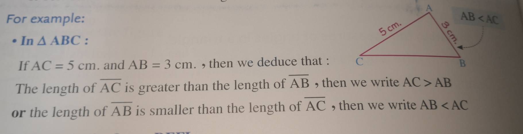 For example: AB
In △ ABC : 
If AC=5cm. and AB=3cm. , then we deduce that : 
The length of overline AC is greater than the length of overline AB , then we write AC>AB
or the length of overline AB is smaller than the length of overline AC , then we write AB