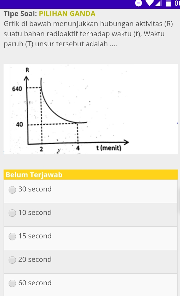 a
Tipe Soal: PILIHAN GANDA
Grfik di bawah menunjukkan hubungan aktivitas (R)
suatu bahan radioaktif terhadap waktu (t), Waktu
paruh (T) unsur tersebut adalah ....
Belum Terjawab
30 second
10 second
15 second
20 second
60 second