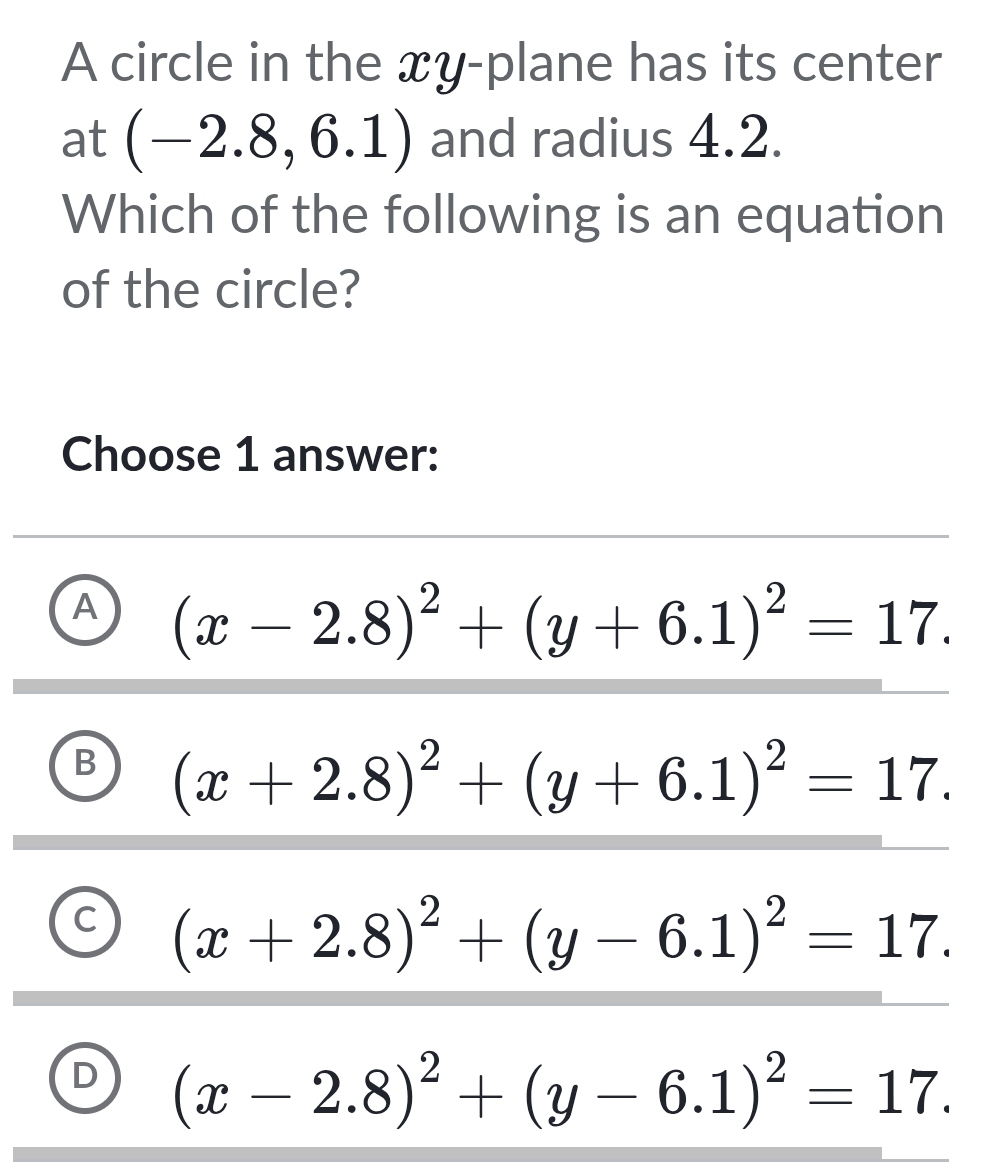 A circle in the xy -plane has its center
at (-2.8,6.1) and radius 4.2.
Which of the following is an equation
of the circle?
Choose 1 answer:
A (x-2.8)^2+(y+6.1)^2=17.
B (x+2.8)^2+(y+6.1)^2=17.
C (x+2.8)^2+(y-6.1)^2=17.
L (x-2.8)^2+(y-6.1)^2=17.