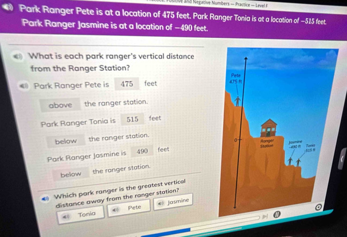 Pusitive and Negative Numbers — Practice — Level F
Park Ranger Pete is at a location of 475 feet. Park Ranger Tonia is at a location of —515 feet.
Park Ranger Jasmine is at a location of −490 feet.
What is each park ranger's vertical distance
from the Ranger Station?
Park Ranger Pete is 475 feet
above the ranger station.
Park Ranger Tonia is 515 feet
below the ranger station.
Park Ranger Jasmine is 490 feet
below the ranger station.
Which park ranger is the greatest vertical
distance away from the ranger station?
Tonia Pete Jasmine