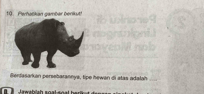 Perhatikan gambar berikut! 
Berdasarkan persebarannya, tipe hewan di atas adalah .... 
D. Jawablah soal-soal berik u t d