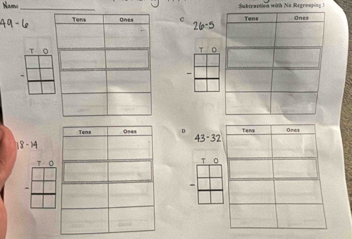 Namo_ Subtraction with No Regrouping 3 
C

26-5
T 
T 
- 

D
43-32
8-14
T OT 。 
- 
-