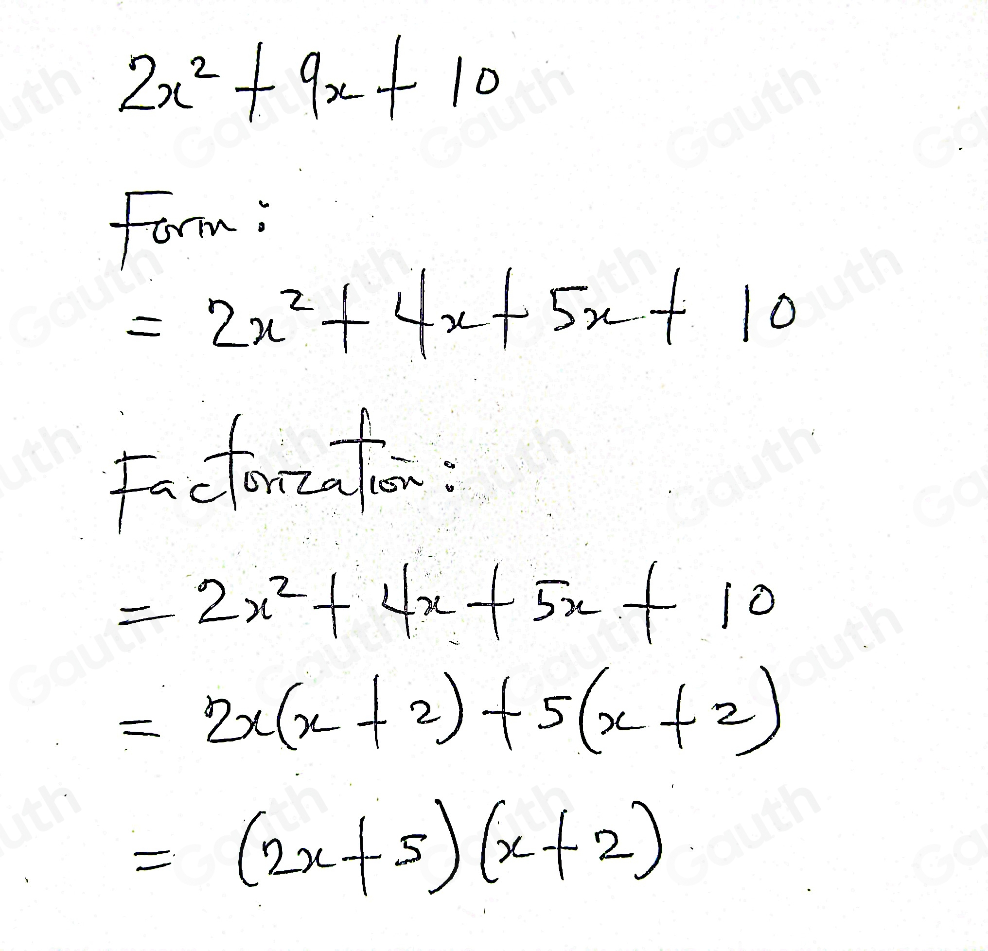 Solved: Factor by grouping (sometimes called the ac-method). 2x^2+9x+10 ...