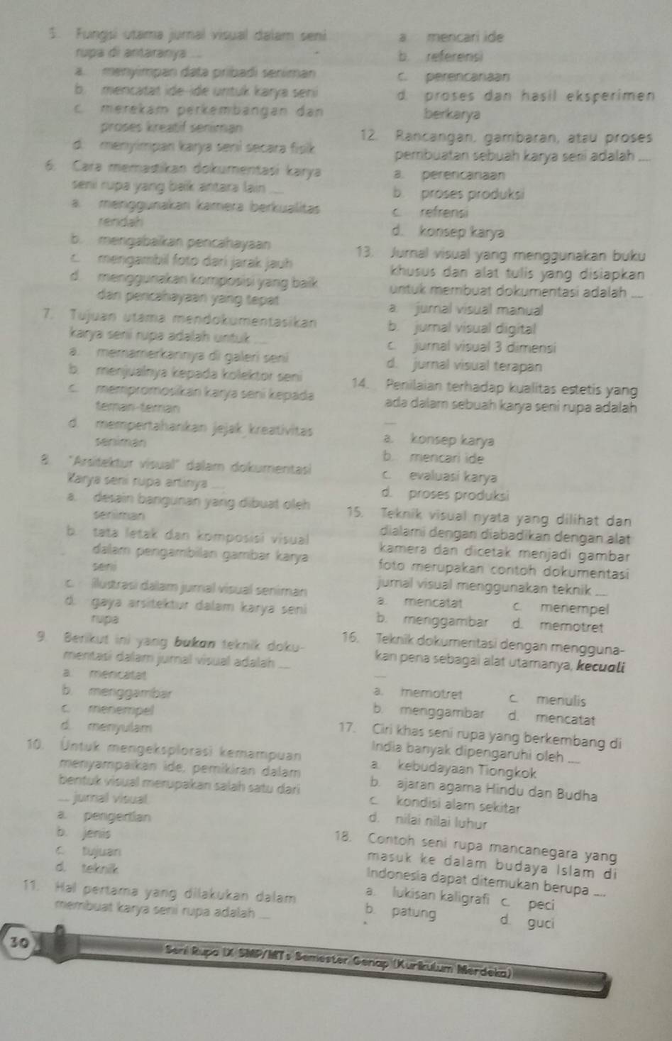 Fungsi utama jural visual dalam seni a mencari ide
rupa di antaranya .. b referensi
a  menyimpan data pribadi seníman C. perencariaan
b. mencatat ide-ide untuk karya seni d. proses dan hasil eksperimen
c merekam perkembängan dan berkarya
proses kreatif seniman 12. Rancangan, gambaran, atau proses
d. menyimpan karya seni secara fsik
pembuatan sebuah karya seri adalah
6. Cara memadikan dokumentasi karya a. perericaniaan
seni rupa yang balk antara lain b. proses produksi
a. menggünakan kamera berkualitas c refrensi
rendah d. konsep karya
b. mengabaikan pencahayaan
13. Jurnal visual yang menggunakan buku
C mengambil foto darí jarak jauh khusus dan alat tulis yang disiapkan
d. menggunakan komposisi yang baik urtuk membuat dokumentasi adalah_
dan pencahayaan yang tepat
a jural visual manual
7. Tujuan utama mendokumentasikan b. jumal visual digital
karya sení rupa adalah untuk
c. jurnal visual 3 dimensi
a. memamerkannya di galeri sen d. jurnal visual terapan
b. menjualnya kepada kolektor seni 14. Penilaian terhadap kualitas estetis yang
c. mempromosikan karya seni kepada ada dalar sebuah karya seni rupa adalah
teman-teman
d. mempertahankan jejak kreativitas a. konsep karya
seniman b mencari ide
8. "Arsítektur visual' dalam dokumentasi c. evaluasi karya
Xarya sení rupa artinya .. d. proses produksi
a. desain bangunan yang dibuat oleh 15. Teknik visual nyata yang dilihat dan
seniman dialami dengan diabadikan dengan alät
b. tata letak dan komposisi visual kamera dan dicetak menjadi gambar
dalam pengambilan gambər karya  foto merupakan contoh dokumentasi
sen
c.  ilustrasi dalam jumal visual seniman jumal visual menggunakan teknik ....
a. mencatat c. menempel
d. gaya arsitektur dalam karya seni b. meniggambar d. memotret
rupa 16. Teknik dokumeritasi dengan mengguna-
9. Berikut ini yang bukon teknik doku- kan pena sebagai alat utamanya, kecuσli
mentasi dalam jural visual adalah
a. mericatat a. memotret c menulis
b. menggambar
c. menempel b. menggambar d. mencatat
17. Ciri khas seni rupa yang berkembang di
d. menyulam India banyak dipengaruhi oleh ..
10. Úntuk mengeksplorasi kemampuan a. kebudayaan Tiongkok
menyampäïkán ide, pemikiran dalam b. ajaran agama Hindu dan Budha
bentuk visual merupakan salah satu dar c kondisi alam sekitar
- jural visual
a. perigertian
d. nilai nīlai luhur
b. jenis
18. Contoh seni rupa mancanegara yang
c tujuan
masuk ke dalam budaya Islam di
d. teknik
Indonesia dapat ditemukan berupa ....
a. lukisan kaligrafi c. peci
11. Hal pertama yang dilakukan dalam b. patung d guci
membuat karya seni rupa adalah
30
Sení Rupa (X SMP/MTs Semester Genap (Kuríkulum Merdeka)