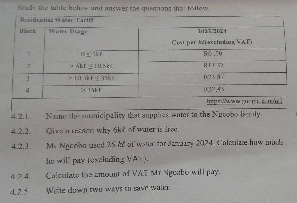 Study the table below and answer the questions that follow.
4.2.1. Name the municipality that supplies water to the Ngcobo family.
4.2.2. Give a reason why 6kl of water is free.
4.2.3. Mr Ngcobo used 25 kℓ of water for January 2024. Calculate how much
he will pay (excluding VAT).
4.2.4. Calculate the amount of VAT Mr Ngcobo will pay.
4.2.5. Write down two ways to save water.