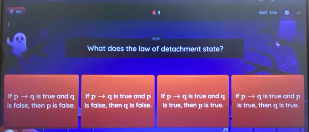 9505 3438
What does the law of detachment state?
If pto q is true and q If pto q is true and p If pto q is true and q If pto q is true and p
is false, then p is false. is false, then q is false. is true, then p is true. is true, then q is true.