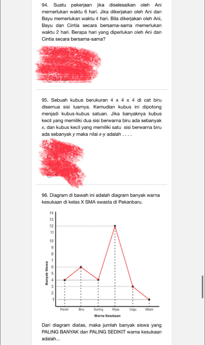 Suatu pekerjaan jika diselesaikan oleh Ani 
memerlukan waktu 6 hari. Jika dikerjakan oleh Ani dan 
Bayu memerlukan waktu 4 hari. Bila dikerjakan oleh Ani, 
Bayu dan Cintia secara bersama-sama memerlukan 
waktu 2 hari. Berapa hari yang diperlukan oleh Ani dan 
Cintia secara bersama-sama? 
95. Sebuah kubus berukuran 4* 4* 4 di cat biru 
disemua sisi luarnya. Kemudian kubus ini dipotong 
menjadi kubus-kubus satuan. Jika banyaknya kubus 
kecil yang memiliki dua sisi berwarna biru ada sebanyak
x, dan kubus kecil yang memiliki satu sisi berwarna biru 
ada sebanyak y maka nilai x-y adalah . . . . 
96. Diagram di bawah ini adalah diagram banyak warna 
kesukaan di kelas X SMA swasta di Pekanbaru. 
Dari diagram diatas, maka jumlah banyak siswa yang 
PALING BANYAK dan PALING SEDIKIT warna kesukaan 
adalah...