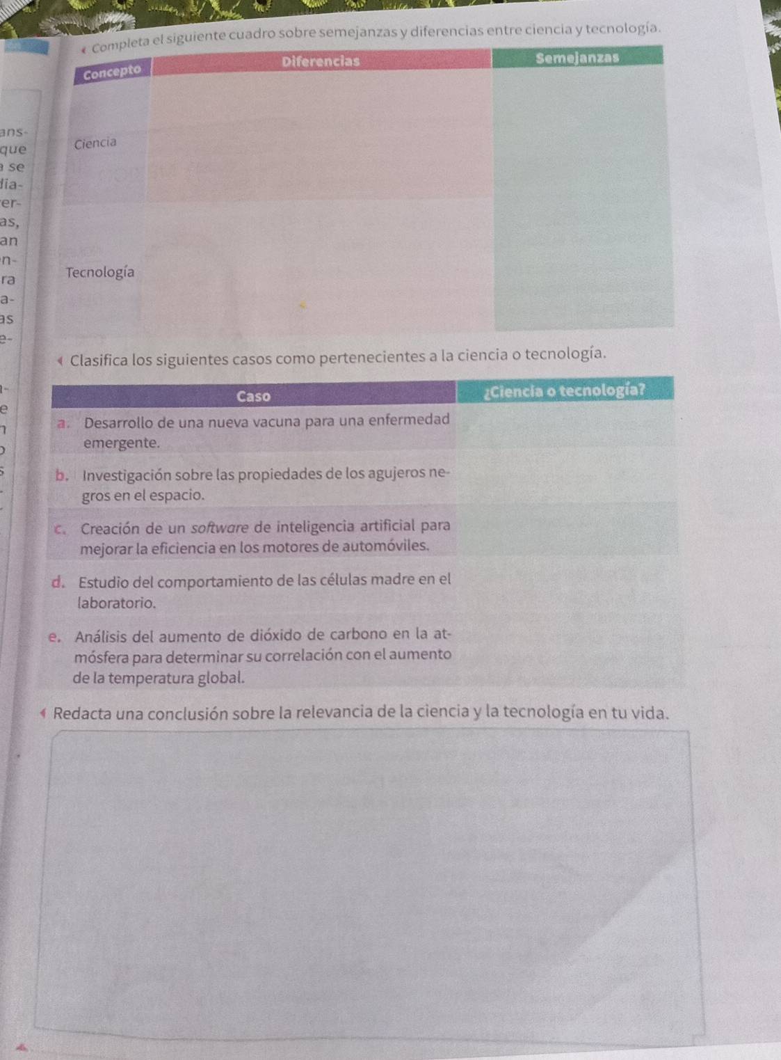as y diferencias entre ciencia y tecnología.
ans
qu
s
lia
er-
as,
an
n-
ra
a-
as

« Clasifica los siguientes casos como pertenecientes a la ciencia o tecnología.
Caso ¿Ciencia o tecnología?
e
a. Desarrollo de una nueva vacuna para una enfermedad
emergente.
b. Investigación sobre las propiedades de los agujeros ne-
gros en el espacio.
c. Creación de un software de inteligencia artificial para
mejorar la eficiencia en los motores de automóviles.
d. Estudio del comportamiento de las células madre en el
laboratorio.
e. Análisis del aumento de dióxido de carbono en la at-
mósfera para determinar su correlación con el aumento
de la temperatura global.
4 Redacta una conclusión sobre la relevancia de la ciencia y la tecnología en tu vida.