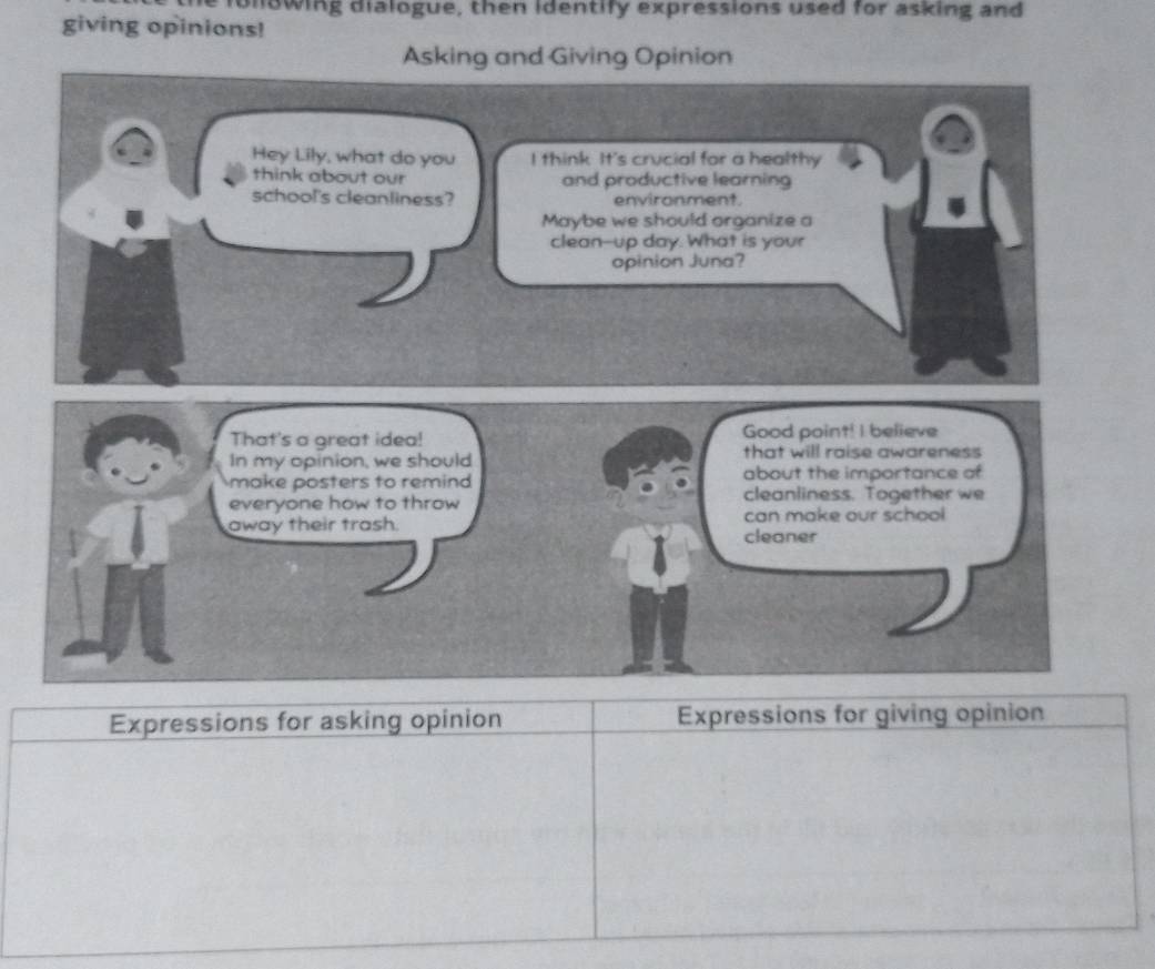 ronowing dialogue, then identify expressions used for asking and 
giving opinions! 
Asking and Giving Opinion 
Hey Lily, what do you I think. It's crucial for a healthy 
think about our and productive learning 
school's cleanliness? environment. 
Maybe we should organize a 
clean--up day. What is your 
opinion Juna? 
That's a great idea! Good point! I believe 
In my opinion, we should that will raise awareness 
make posters to remind about the importance of 
everyone how to throw cleanliness. Together we 
away their trash. cleaner can make our school