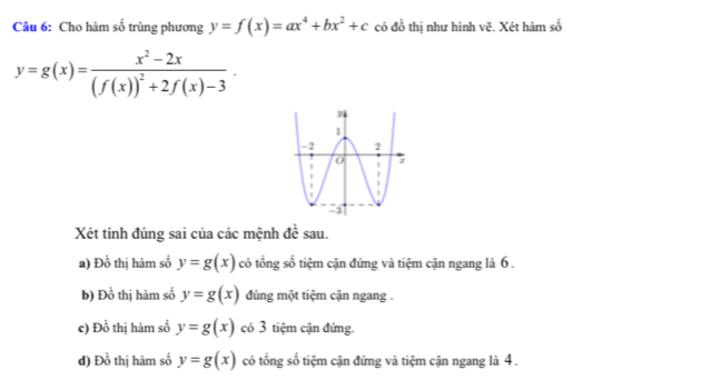 Cho hàm số trùng phương y=f(x)=ax^4+bx^2+c có đồ thị như hình vvector c. Xét hàm số
y=g(x)=frac x^2-2x(f(x))^2+2f(x)-3·
Xét tính đúng sai của các mệnh đề sau.
a) Dhat o thị hàm số y=g(x) có tổng số tiệm cận đứng và tiệm cận ngang là 6.
b) Dhat o thị hàm số y=g(x) đúng một tiệm cận ngang .
c) D_0^1 thị hàm số y=g(x) có 3 tiệm cận đứng.
d) DO 6 thị hàm số y=g(x) có tổng số tiệm cận đứng và tiệm cận ngang là 4.