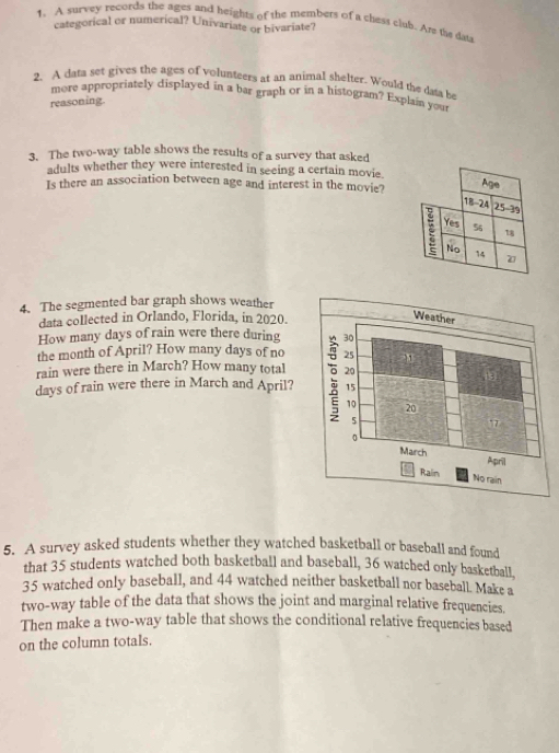 A survey records the ages and heights of the members of a chess club. Are the dasa
categorical or numerical? Univariate or bivariate?
2. A data set gives the ages of volunteers at an animal shelter. Would the data be
more appropriately displayed in a bar graph or in a histogram? Explain your
reasoning
3. The two-way table shows the results of a survey that asked
adults whether they were interested in seeing a certain movie.
Is there an association between age and interest in the movie?
4. The segmented bar graph shows weather
data collected in Orlando, Florida, in 2020.
How many days of rain were there during
the month of April? How many days of no
rain were there in March? How many total
days of rain were there in March and April?
5. A survey asked students whether they watched basketball or baseball and found
that 35 students watched both basketball and baseball, 36 watched only basketball,
35 watched only baseball, and 44 watched neither basketball nor baseball. Make a
two-way table of the data that shows the joint and marginal relative frequencies.
Then make a two-way table that shows the conditional relative frequencies based
on the column totals.