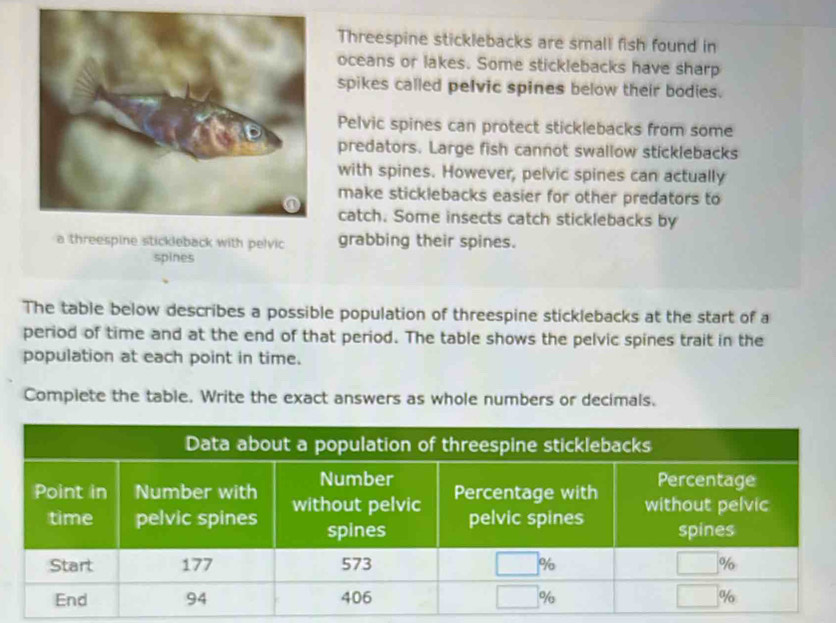 Threespine sticklebacks are small fish found in
oceans or lakes. Some sticklebacks have sharp
spikes called pelvic spines below their bodies.
Pelvic spines can protect sticklebacks from some
predators. Large fish cannot swallow sticklebacks
with spines. However, pelvic spines can actually
make sticklebacks easier for other predators to
catch. Some insects catch sticklebacks by
a threespine stickleback with pelvic grabbing their spines.
spines
The table below describes a possible population of threespine sticklebacks at the start of a
period of time and at the end of that period. The table shows the pelvic spines trait in the
population at each point in time.
Complete the table. Write the exact answers as whole numbers or decimals.