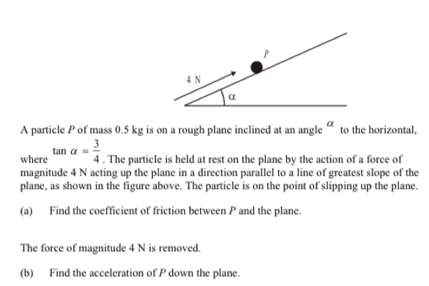 A particle P of mass 0.5 kg is on a rough plane inclined at an angle alpha to the horizontal, 
where tan alpha = 3/4 . The particle is held at rest on the plane by the action of a force of 
magnitude 4 N acting up the plane in a direction parallel to a line of greatest slope of the 
plane, as shown in the figure above. The particle is on the point of slipping up the plane. 
(a) Find the coefficient of friction between P and the plane. 
The force of magnitude 4 N is removed. 
(b) Find the acceleration of P down the plane.