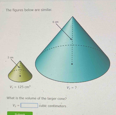 The figures below are similar.
V_1=125cm^3
What is the volume of the larger cone?
V_2=□ cubiccentimeters.
Submit