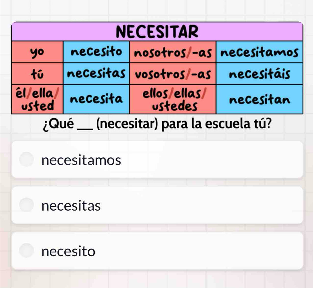 ¿Qué_ (necesitar) para la escuela tú?
necesitamos
necesitas
necesito