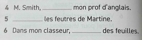 Smith, _mon prof d'anglais. 
5 _les feutres de Martine. 
6 Dans mon classeur, _des feuilles.