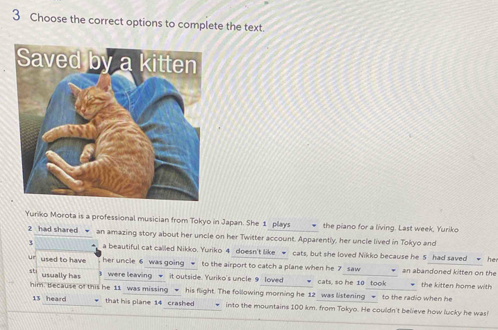 Choose the correct options to complete the text. 
Yuriko Morota is a professional musician from Tokyo in Japan. She 1 plays the piano for a living. Last week, Yuriko 
2 had shared an amazing story about her uncle on her Twitter account. Apparently, her uncle lived in Tokyo and 
3 a beautiful cat called Nikko. Yuriko 4 doesn't like cats, but she loved Nikko because he 5 had saved her 
ur used to have her uncle 6 was going ▼ to the airport to catch a plane when he 7 saw ★ an abandoned kitten on the 
sti usually has 3 were leaving it outside. Yuriko's uncle 9 loved . cats, so he 10 took the kitten home with 
him. Because of this he 11 was missing his flight. The following morning he 12 was listening to the radio when he 
13 heard that his plane 14 crashed into the mountains 100 km. from Tokyo. He couldn't believe how lucky he was!