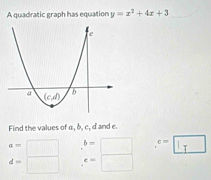 A quadratic graph has equation y=x^2+4x+3
Find the values of a, b, c, d and e.
a= □ b=□ c=□
d= □ ,e=□