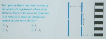 The opposite figure represents a setup of 
the double-slit experiment, which of the
distances that are drawn in the figure has 
to be reduced to make the interference
pattern become more obvious?
b. x_1 x_1
C x_1 (d x_1,x_3