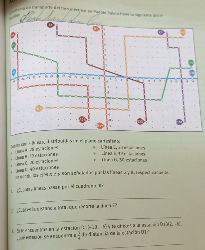 sistema de transporte del tren eléctrico en Pueblo Paleta tiene la siguiente distri
bución;
Cuenta con 7 líneas, distribuidas en el plano cartesiano:
Línea A, 28 estaciones
Línea E, 23 estaciones
Línea B, 19 estaciones
Línea F, 39 estaciones
, Línea C, 20 estaciones
Línea G, 30 estaciones
Línea D, 40 estaciones
en donde los ejes x e y son señalados por las líneas G y B, respectivamente.
1. ¿Cuántas líneas pasan por el cuadrante II?
_
2. ¿Cuál es la distancia total que recorre la línea E?
_
3. Si te encuentras en la estación D1(-10,-6) y te diriges a la estación D13(2,-6), 
¿qué estación se encuentra a  3/4  de distancia de la estación D1?
_