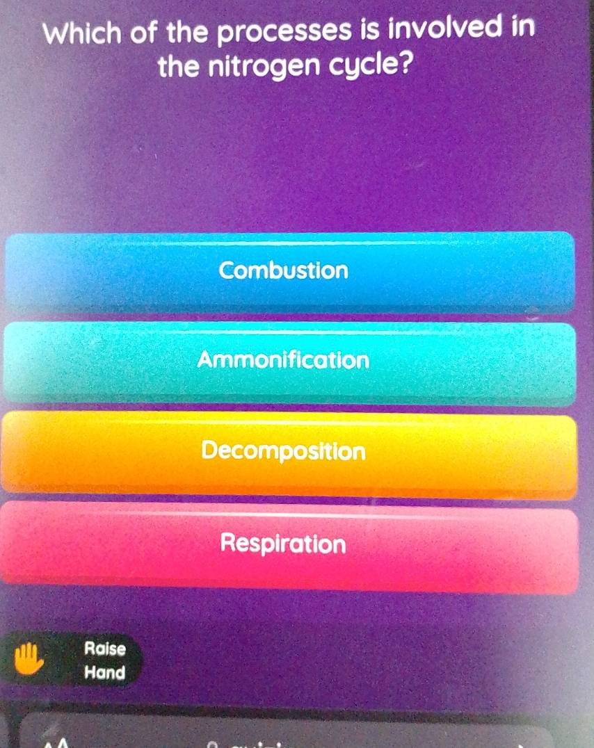 Which of the processes is involved in
the nitrogen cycle?
Combustion
Ammonification
Decomposition
Respiration
Raise
Hand