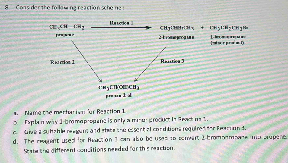 Consider the following reaction scheme :
a. Name the mechanism for Reaction 1.
b. Explain why 1-bromopropane is only a minor product in Reaction 1.
c. Give a suitable reagent and state the essential conditions required for Reaction 3.
d. The reagent used for Reaction 3 can also be used to convert 2-bromopropane into propene.
State the different conditions needed for this reaction.