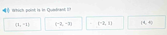 Which point is in Quadrant I?
(1,-1) (-2,-3) (-2,1) (4,4)