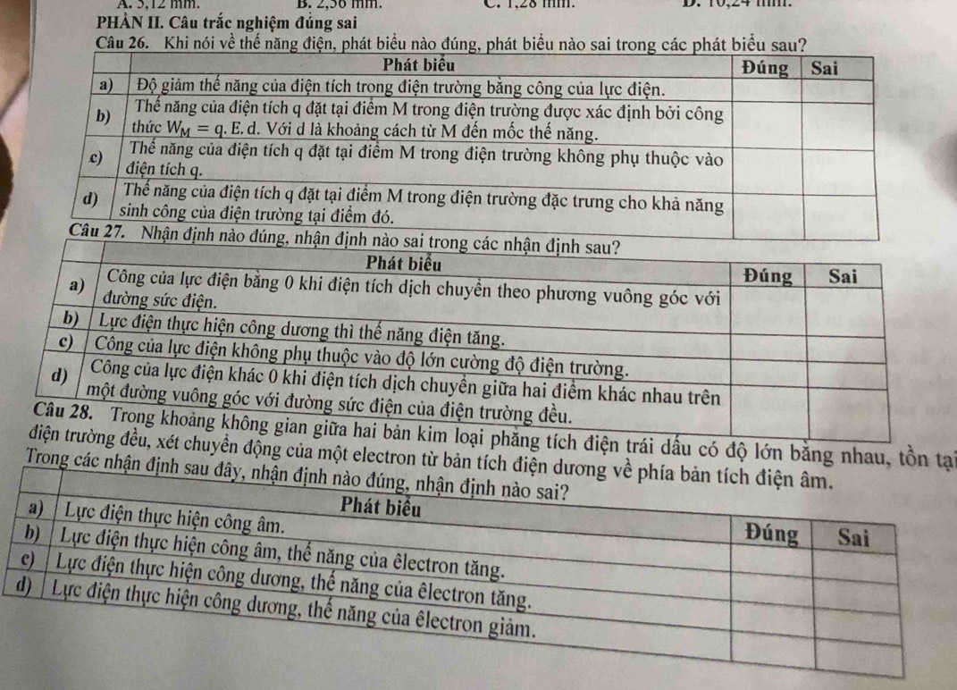 5,12 mm. B. 2,56 mm. C. 1,28 mm.
PHÀN II. Câu trắc nghiệm đủng sai
Câu 26. Khi nói về thế năng điện, phát biểu nào đú biểu sau?
i dấu có độ lớn bằng nhau, tồn tại
n động của một electron từ bản
Trong các