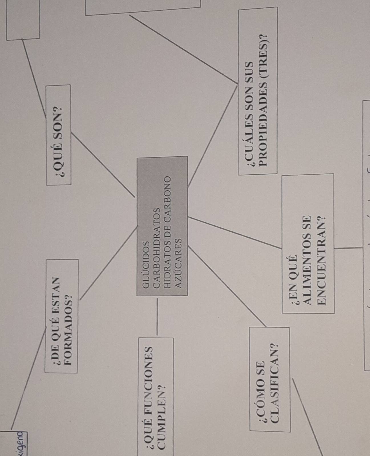kigend 
¿DE QUÉ ESTAN 
¿QUÉ SOn? 
Formados? 
¿QUÉ FUNCIONES GLUCIDOS 
CUMPLEN? 
_ 
CARBOHIDRATOS 
HIDRATOS DE CARBONO 
AZÚCARES 
¿CUÁLES SON SUS 
¿CÓMO SE PROPIEDADES (TRES)? 
CLASIFICAN? 
¿EN QUÉ 
ALIMENTOS SE 
ENCUENTRAN?