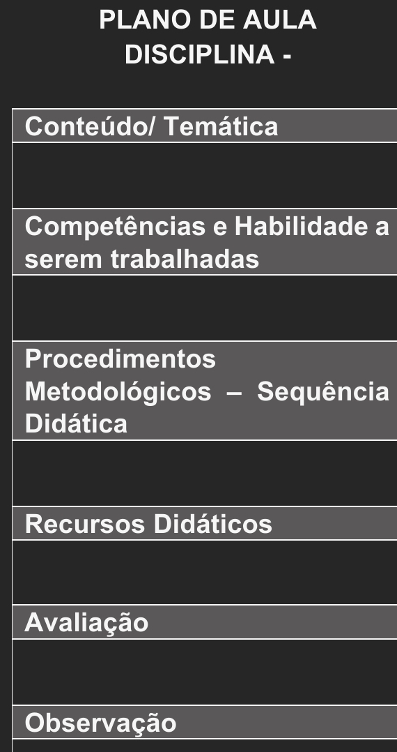 PLANO DE AULA 
DISCIPLINA - 
Conteúdo/ Temática 
Competências e Habilidade a 
serem trabalhadas 
Procedimentos 
Metodológicos - Sequência 
Didática 
Recursos Didáticos 
Avaliação 
Observação