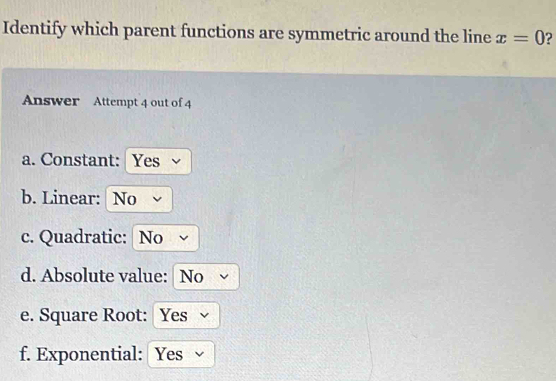 Identify which parent functions are symmetric around the line x=0 ?
Answer Attempt 4 out of 4
a. Constant: Yes
b. Linear: No √
c. Quadratic: No √
d. Absolute value: No √
e. Square Root: Yes √
f. Exponential: Yes