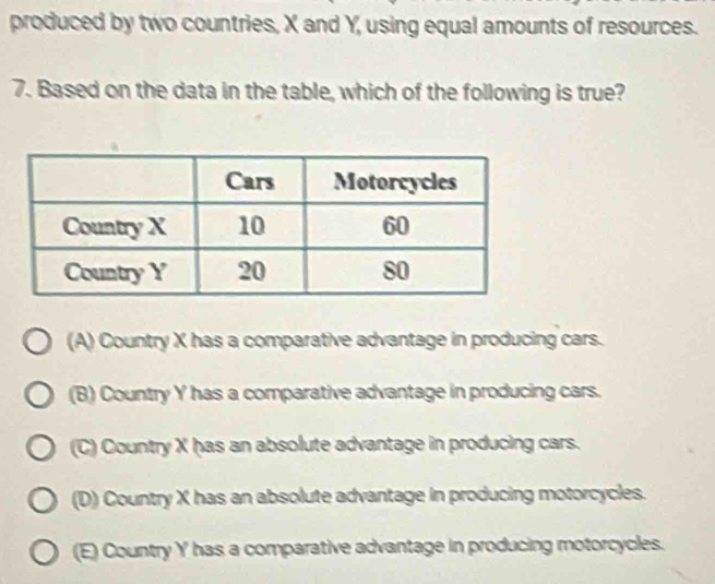 produced by two countries, X and Y, using equal amounts of resources.
7. Based on the data in the table, which of the following is true?
(A) Country X has a comparative advantage in producing cars.
(B) Country Y has a comparative advantage in producing cars.
(C) Country X has an absolute advantage in producing cars.
(D) Country X has an absolute advantage in producing motorcycles.
(E) Country Y has a comparative advantage in producing motorcycles.