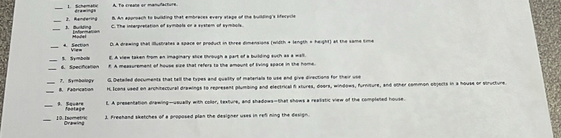 Schematic A To create or manufacture.
drawings
_
2. Rendering B. An approach to building that embraces every stage of the building's lifecycle
C. The interpretation of symbols or a system of symbols.
_3. Building Information
Model
_4. Sectior View D. A drawing that illustrates a space or product in three dimensions (width + length + height) at the same time
_5. Symbols E. A view taken from an imaginary slice through a part of a building such as a wall.
_6. Specification F A measurement of house size that refers to the amount of living space in the home.
7. Symbology G. Detailed documents that tell the types and quality of materials to use and give directions for their use
_8. Fabrication H. Icons used on architectural drawings to represent plumbing and electrical fi xtures, doors, windows, furniture, and other common objects in a house or structure.
_9. Square L. A presentation drawing—usually with color, texture, and shadows—that shows a realistic view of the completed house.
footage
10. Isometric ) Freehand sketches of a proposed plan the designer uses in refi ning the design.
Drawing