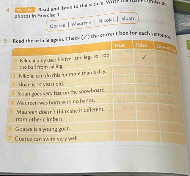 4 4 7 01 Read and listen to the article. Write the names under the 
photos in Exercise 1. 
Goatee Maureen | Nikolai | Sloan 
5correct box for each sent
