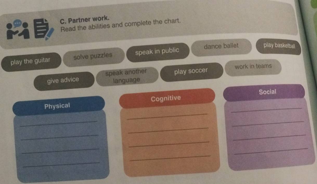 Partner work. 
Read the abilities and complete the chart. 
play the guitar solve puzzles speak in public dance ballet play basketball 
speak another 
give advice play soccer work in teams 
language 
Social 
_ 
Physical Cognitive_ 
_ 
_ 
_ 
_ 
_ 
_ 
_ 
_ 
_ 
_