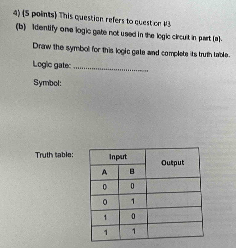 This question refers to question #3 
(b) Identify one logic gate not used in the logic circuit in part (a). 
Draw the symbol for this logic gate and complete its truth table. 
Logic gate:_ 
Symbol: 
Truth table: