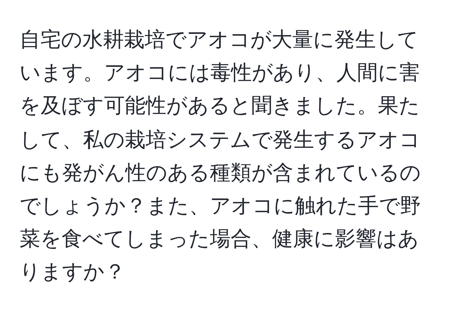 自宅の水耕栽培でアオコが大量に発生しています。アオコには毒性があり、人間に害を及ぼす可能性があると聞きました。果たして、私の栽培システムで発生するアオコにも発がん性のある種類が含まれているのでしょうか？また、アオコに触れた手で野菜を食べてしまった場合、健康に影響はありますか？