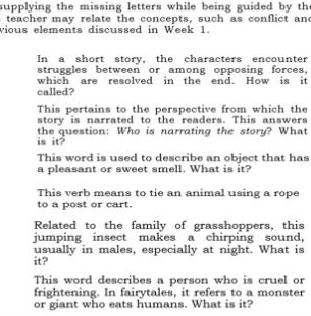 supplying the missing letters while being guided by the 
teacher may relate the concepts, such as conflict and 
vious elements discussed in Week 1. 
In a short story, the characters encounter 
struggles between or among opposing forces. 
which are resolved in the end. How is it 
called? 
This pertains to the perspective from which the 
story is narrated to the readers. This answers 
the question: Who is narrating the story? What 
is it? 
This word is used to describe an object that has 
a pleasant or sweet smell. What is it? 
This verb means to tie an animal using a rope 
to a post or cart. 
Related to the family of grasshoppers, this 
jumping insect makes a chirping sound, 
usually in males, especially at night. What is 
it? 
This word describes a person who is cruell or 
frightening. In fairytales, it refers to a monster 
or giant who eats humans. What is it?