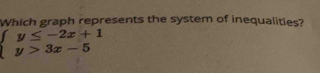 Which graph represents the system of inequalities?
beginarrayl y≤ -2x+1 y>3x-5endarray.