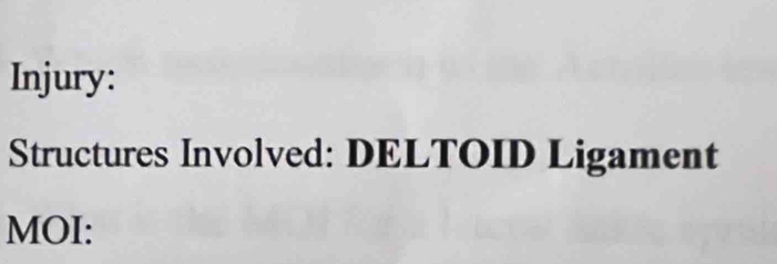 Injury: 
Structures Involved: DELTOID Ligament 
MOI: