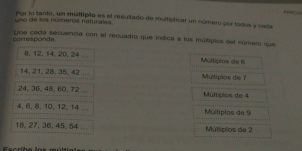 PARCIA
Por lo tanto, un múltiplo es el resultado de multiplicar un número por todos y cada
uno de los números naturales.
corresponde. Une cada secuencia con el recuadro que indica a los múltiplos del número que
8, 12, 14, 20, 24... Múltiplos de 6
14, 21, 28, 35, 42 Múltiplos de 7
24, 36, 48, 60, 72.. Múltiplos de 4
4, 6, 8, 10, 12, 14.. Múltiplos de 9
18, 27, 36, 45, 54... Múltiplos de 2
Escrib e los múltin