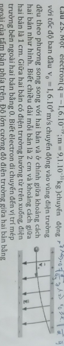 Cau 25. Một électron (q=-1,6.10^(-19); m=9,1.10^(-31)kg chuyển động 
với tốc độ ban đầu v_0=1,6.10^6m/s chuyển động vào vùng điện trường 
đều theo phương song song với hai bản và ở chính giữa khoảng cách 
hai bản như hình. Biết chiều dài mỗi bản là 2 cm và khoảng cách giữa 
hai bản là 1 cm. Giữa hai bản có điện trường hướng từ trên xuống, điện 
trường bên ngoài hai bản bằng 0. Biết êlectron di chuyển đến vị trí mép 
ngoài của tấm bản phía trên. Đô lớn cường đô điên trường giữa hai bản bằng