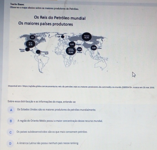 Texto Base:
Observe o mapa abaixo sobre os maiores produtores de Petróleo.
Os Reis do Petróleo mundial
Os maiores países produtores
Disponível em:. Acesso em 20 mar. 20181.
Sobre essa distribuição e as informações do mapa, entende-se:
AOs Estados Unidos são os maiores produtores de petróleo mundialmente.
B A região do Oriente Médio possui a maior concentração desse recurso mundial.
COs países subdesenvolvidos são os que mais consomem petróleo.
D A América Latina não possui nenhum pais nesse ranking.