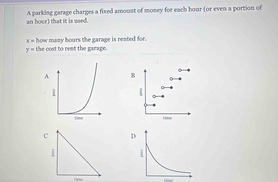 A parking garage charges a fixed amount of money for each hour (or even a portion of
an hour) that it is used.
x= how many hours the garage is rented for.
y= the cost to rent the garage. 
B 
。 
time 
C 
time time