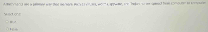 Attachments are a primary way that malware such as viruses, worms, spyware, and Trojan horses spread from computer to computer
Select one:
True
False