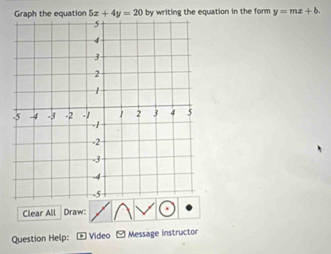 Graph the equation 5x+4y=20 by writing the equation in the form y=mx+b. 
Clear All Draw:
Question Help: Video Message instructor