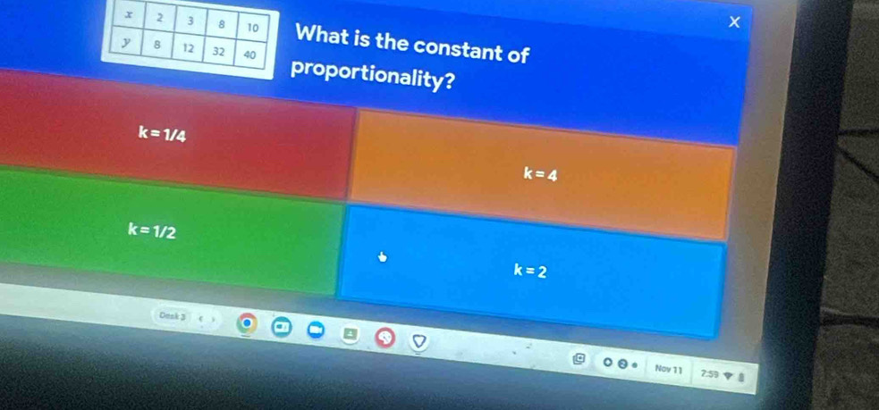 What is the constant of
proportionality?
k=1/4
k=4
k=1/2
k=2
Dosk 3
Nov 11