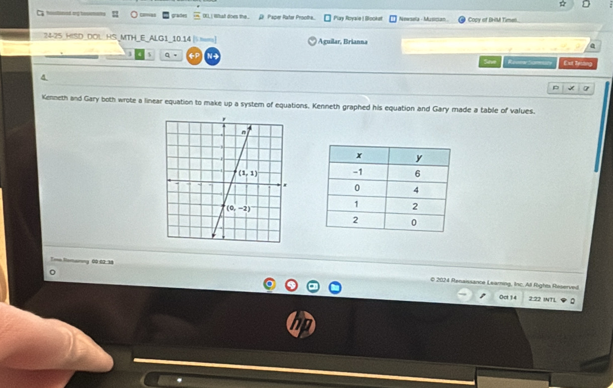 grades
a  a t    DCL, | What does the.. £ Paper Rater Prootrea.. Play Royale | Biooket Newsela - Musician Copy of BHM Times.
24-25 HISD_DOL_HS_MTH_E_ALG1_10.14 [6 bars]  Aguilar, Brianna
a
3 5 Q - N3 Rewea Somesty Ext Testing
Save
4.
p X
Kenneth and Gary both wrote a linear equation to make up a system of equations, Kenneth graphed his equation and Gary made a table of values.
 
00:02 38 © 2024 Renaissance Learning, Inc. All Rights Reserved
Oct 14 2:22 INTL