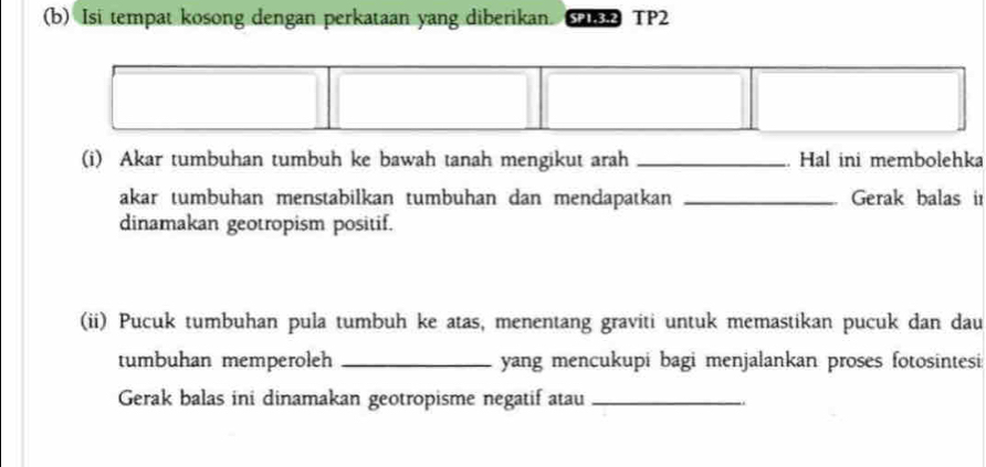 Isi tempat kosong dengan perkataan yang diberikan. TP2 
(i) Akar tumbuhan tumbuh ke bawah tanah mengikut arah _. Hal ini membolehka 
akar tumbuhan menstabilkan tumbuhan dan mendapatkan _Gerak balas in 
dinamakan geotropism positif. 
(ii) Pucuk tumbuhan pula tumbuh ke atas, menentang graviti untuk memastikan pucuk dan dau 
tumbuhan memperoleh _yang mencukupi bagi menjalankan proses fotosintesi 
Gerak balas ini dinamakan geotropisme negatif atau _.