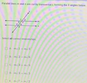 Solved: Parallel lines m and n are cut by transversal t, forming the 8 ...